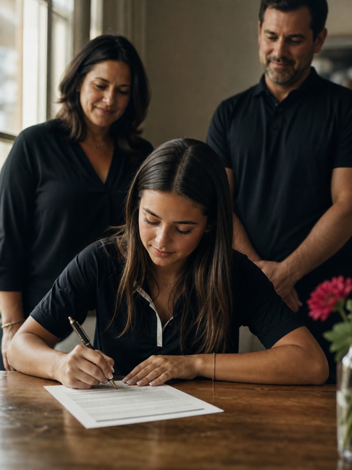A young athlete signs her college letter of intent at a wooden table while her parents stand behind her.